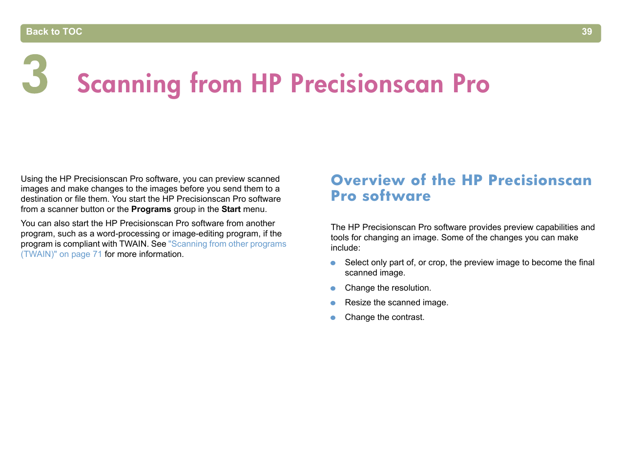 Scanning from hp precisionscan pro, Overview of the hp precisionscan pro software, 3 scanning from hp precisionscan pro | Overview of the hp precisionscan pro software" on, Scanning from hp precisionscan pro" on, Scanning from hp | HP 5400c Series User Manual | Page 39 / 140