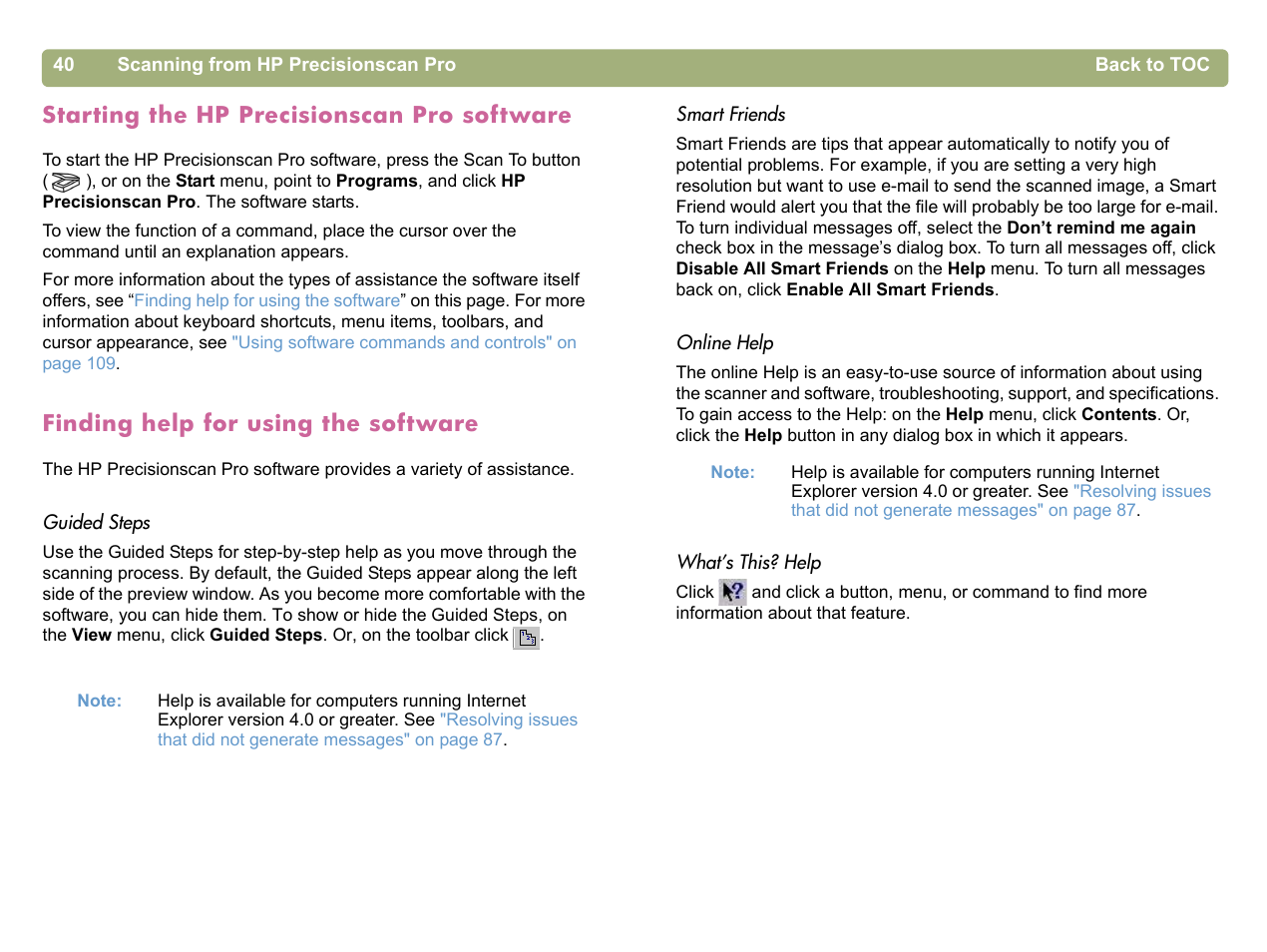 Starting the hp precisionscan pro software, Finding help for using the software | HP 5400c Series User Manual | Page 40 / 140