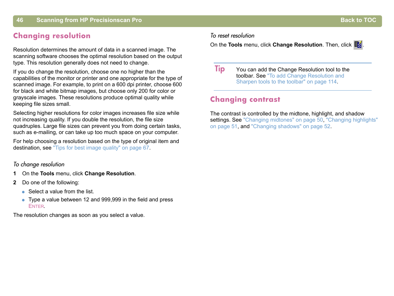 Changing resolution, Changing contrast | HP 5400c Series User Manual | Page 46 / 140