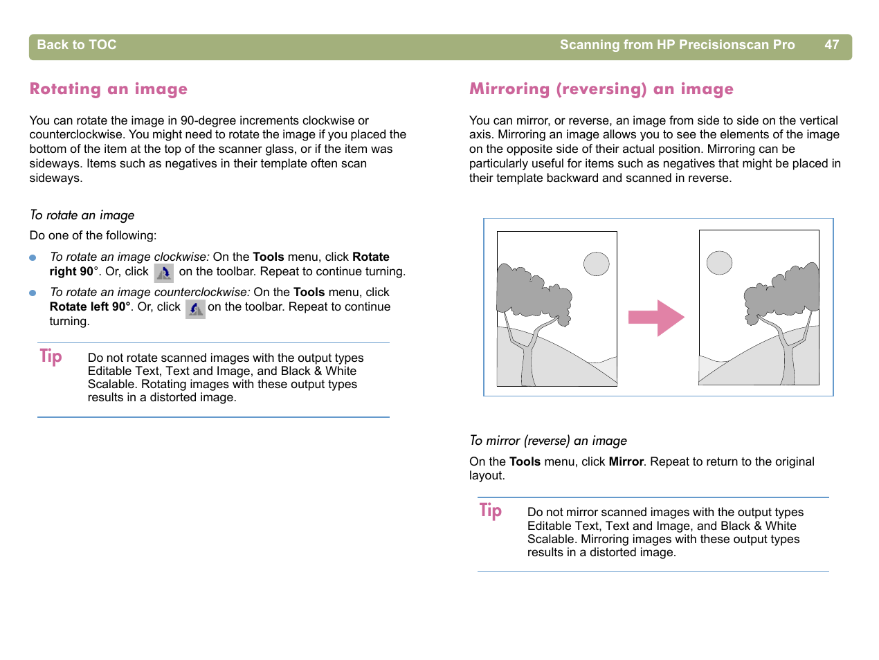 Rotating an image, Mirroring (reversing) an image | HP 5400c Series User Manual | Page 47 / 140