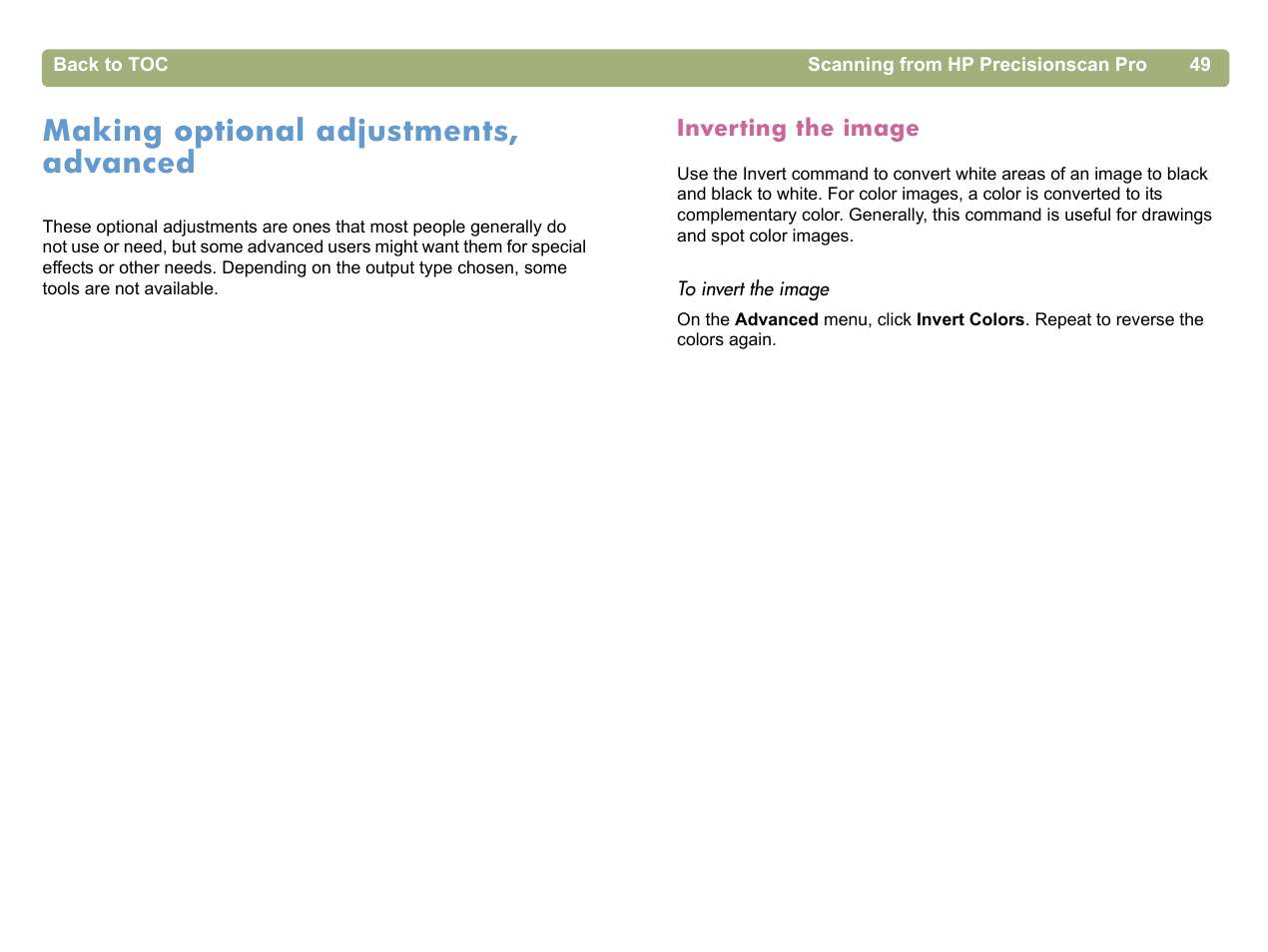 Making optional adjustments, advanced, Inverting the image | HP 5400c Series User Manual | Page 49 / 140