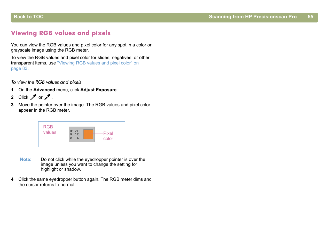Viewing rgb values and pixels | HP 5400c Series User Manual | Page 55 / 140