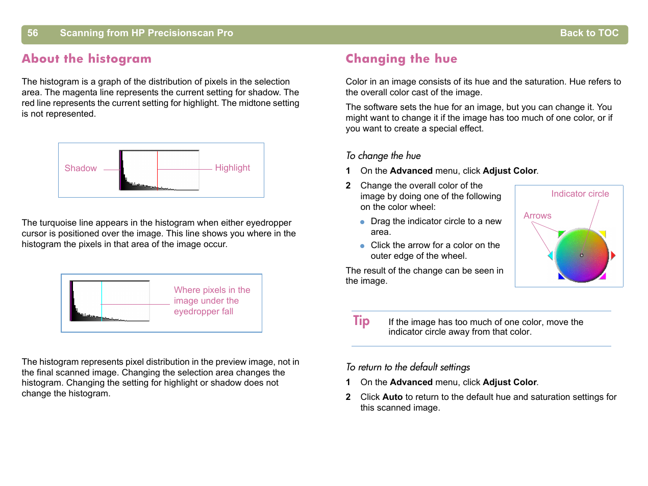 About the histogram, Changing the hue | HP 5400c Series User Manual | Page 56 / 140
