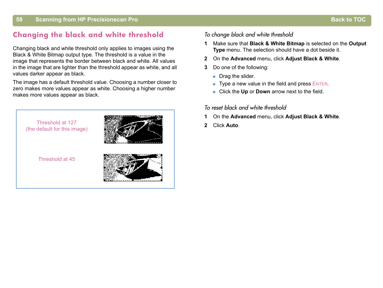 Changing the black and white threshold, Index | HP 5400c Series User Manual | Page 58 / 140