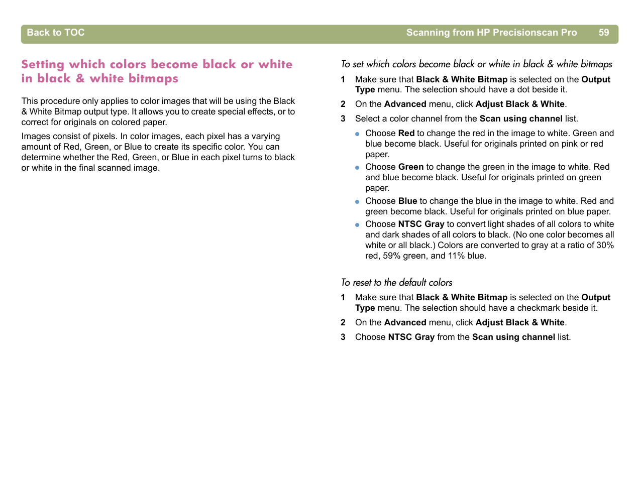 Setting which colors become black or white in, Black & white bitmaps | HP 5400c Series User Manual | Page 59 / 140