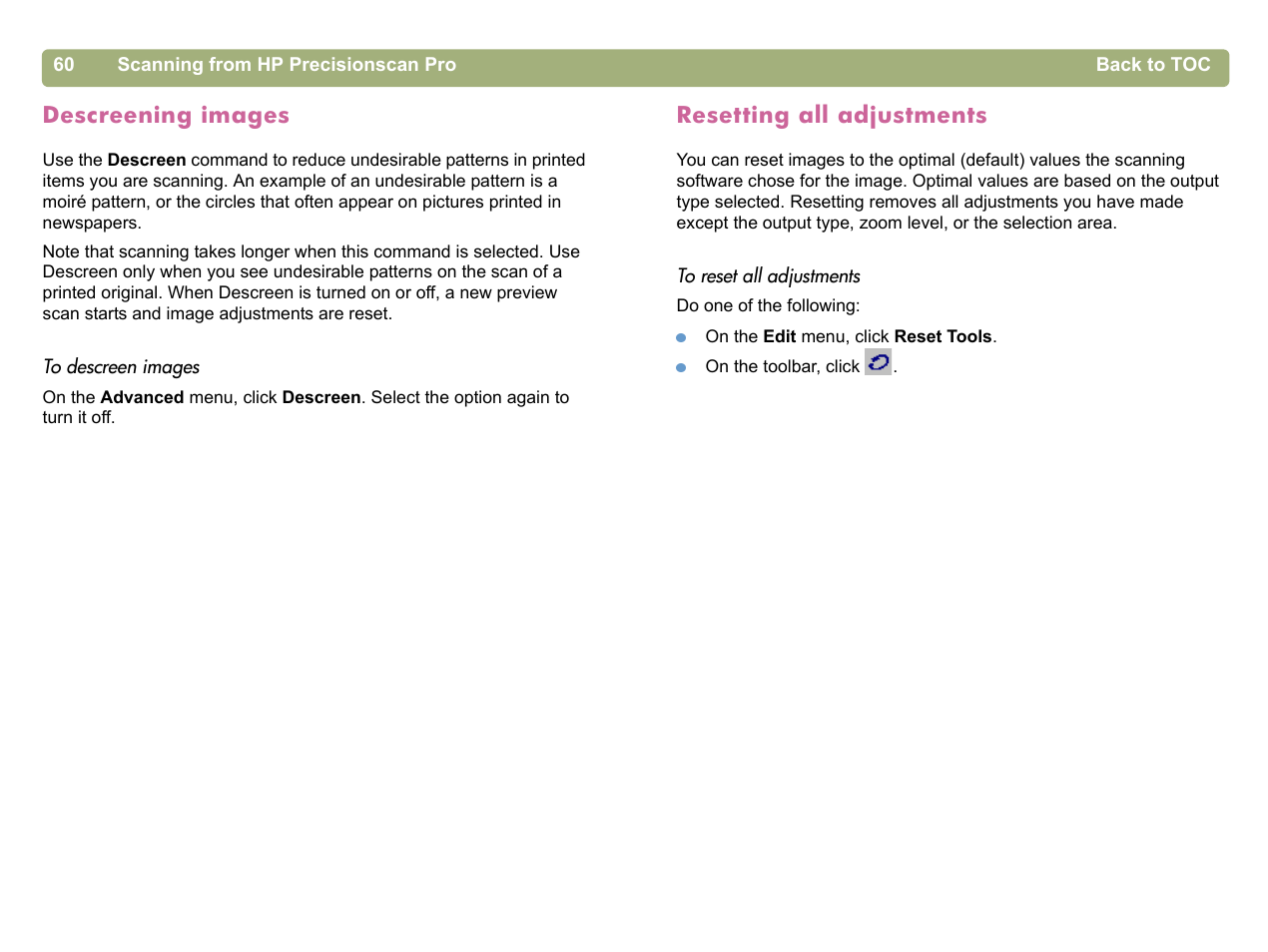 Descreening images, Resetting all adjustments | HP 5400c Series User Manual | Page 60 / 140