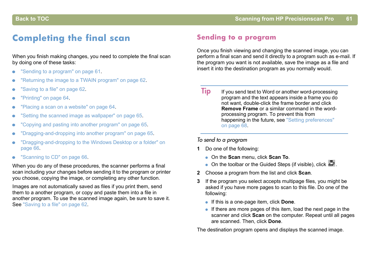 Completing the final scan, Sending to a program | HP 5400c Series User Manual | Page 61 / 140