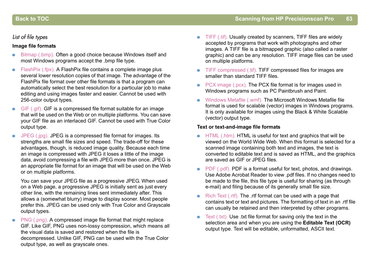 List of file types, Lect a file type. see | HP 5400c Series User Manual | Page 63 / 140