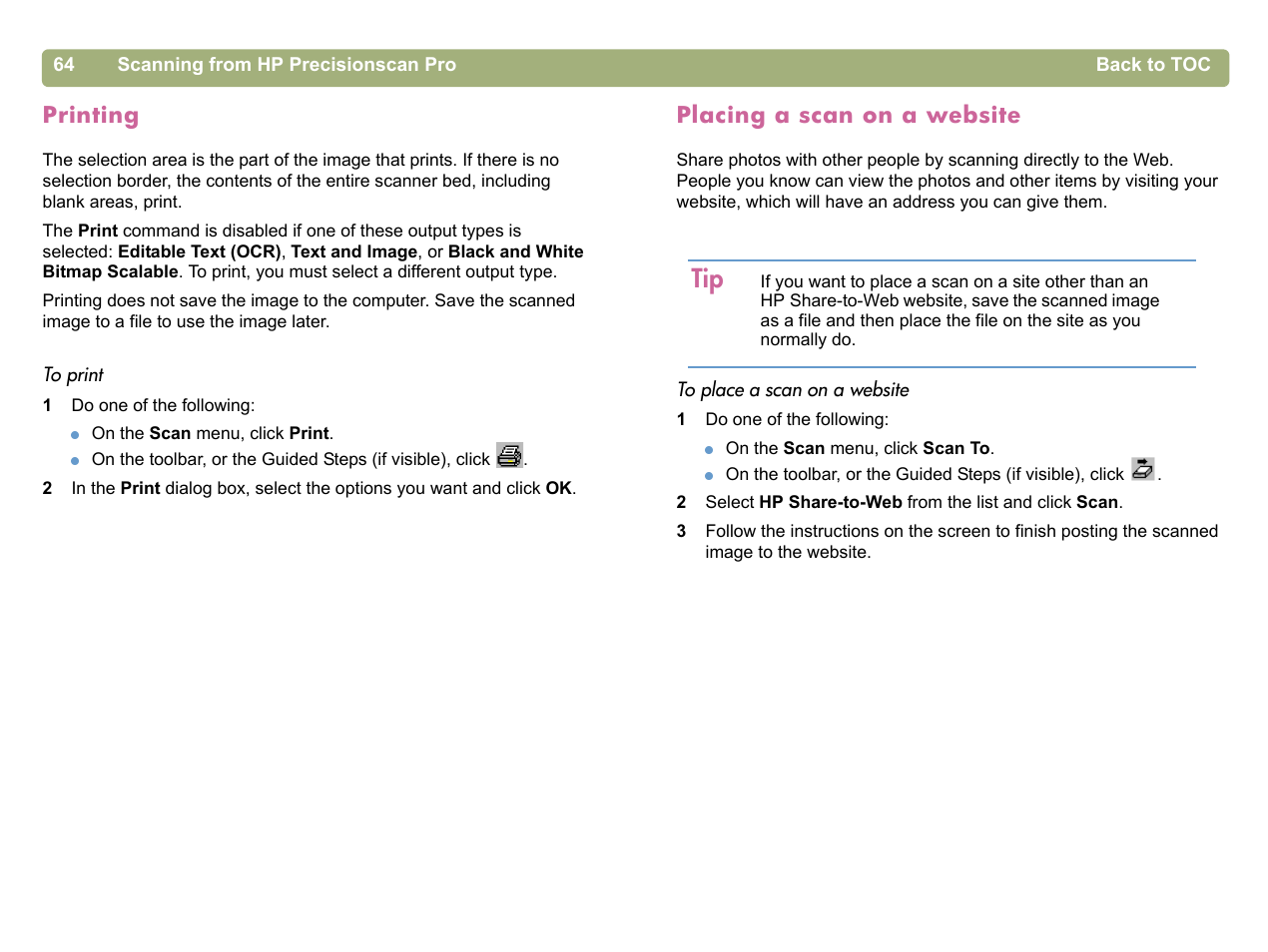 Printing, Placing a scan on a website, Placing a scan on | HP 5400c Series User Manual | Page 64 / 140