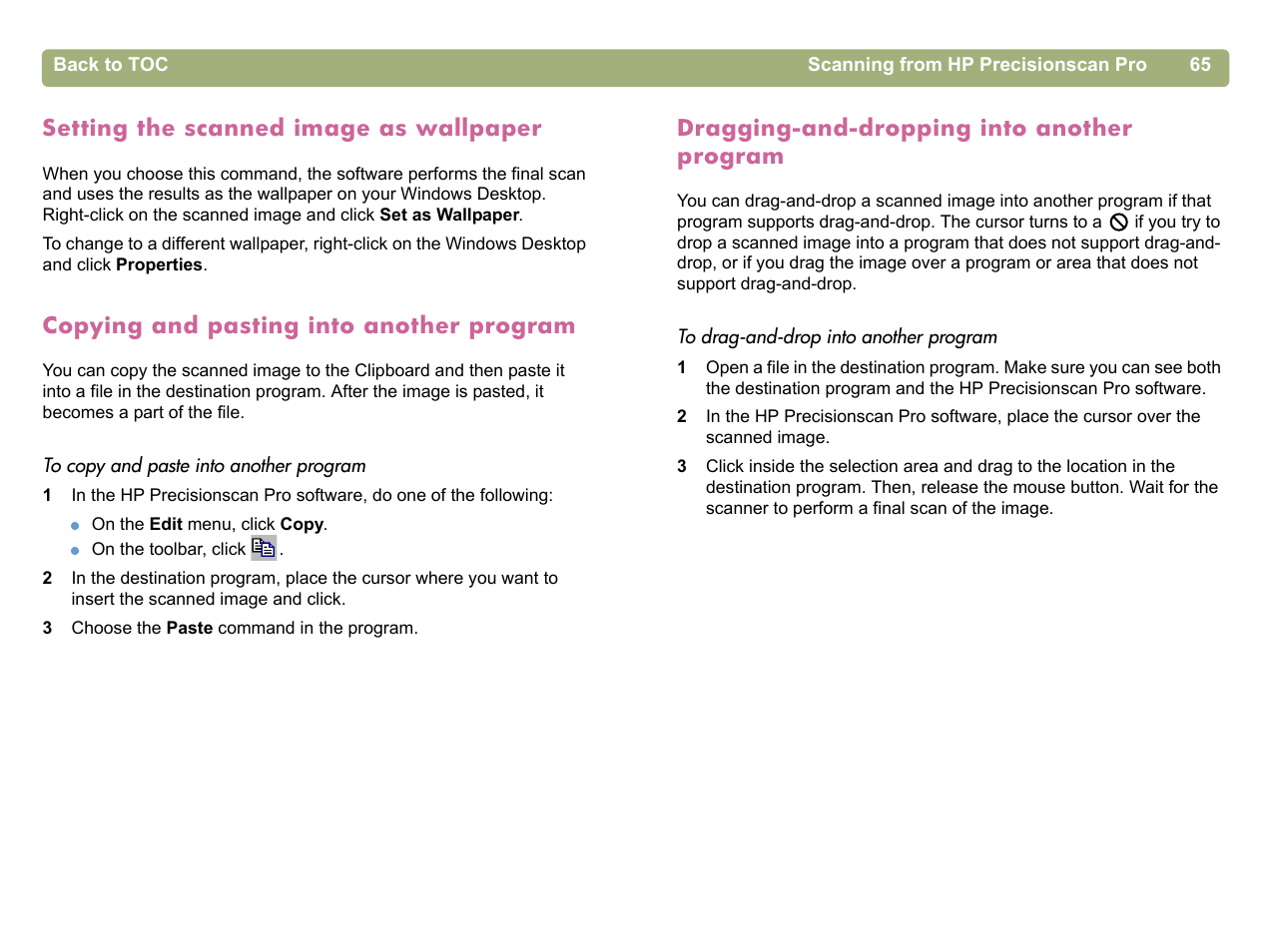 Setting the scanned image as wallpaper, Copying and pasting into another program, Dragging-and-dropping into another program | HP 5400c Series User Manual | Page 65 / 140