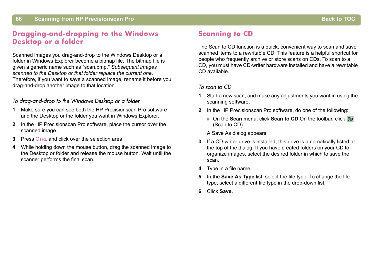 Scanning to cd, Dragging-and-dropping to the windows desktop, Or a folder | HP 5400c Series User Manual | Page 66 / 140
