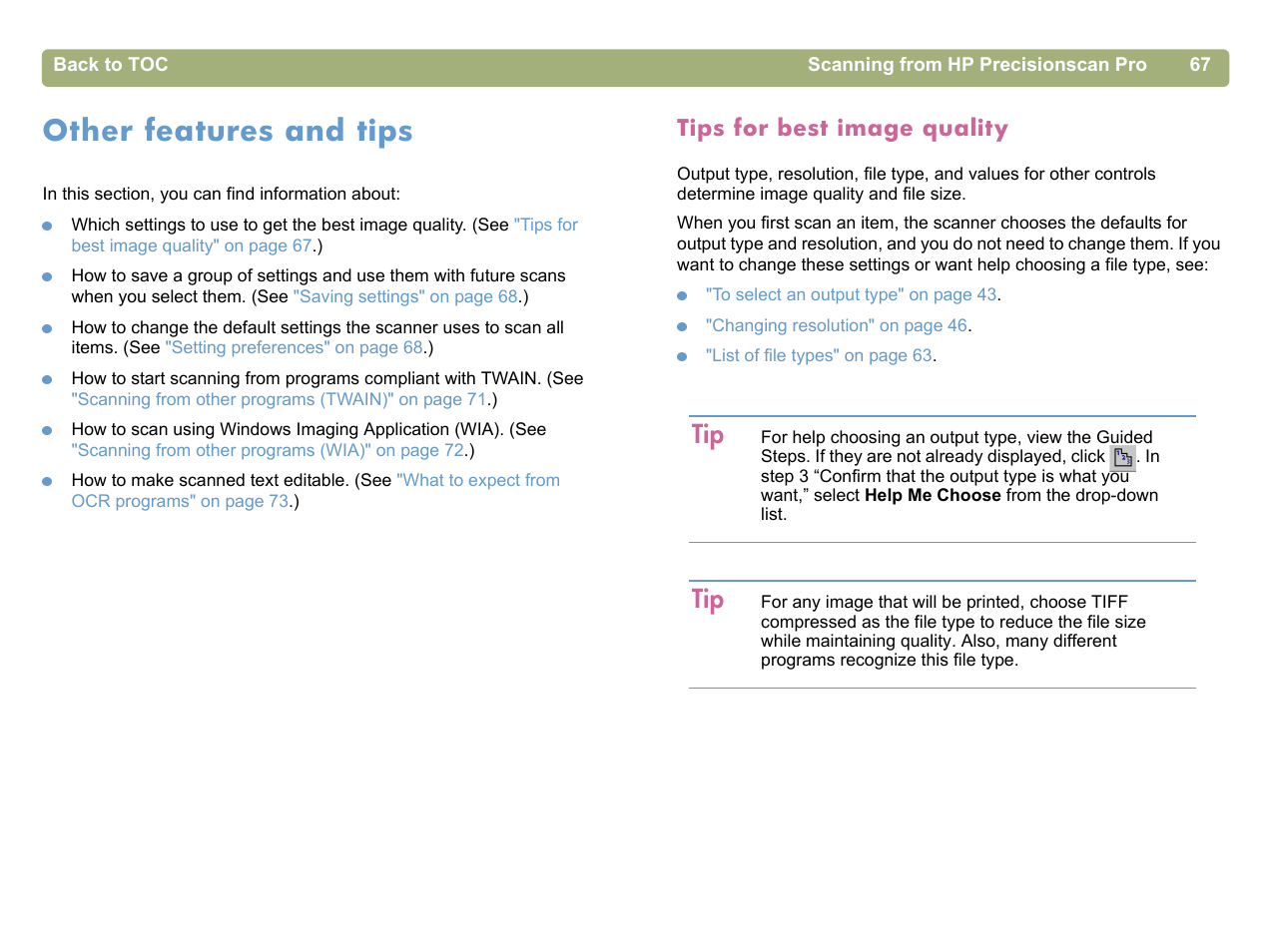 Other features and tips, Tips for best image quality | HP 5400c Series User Manual | Page 67 / 140