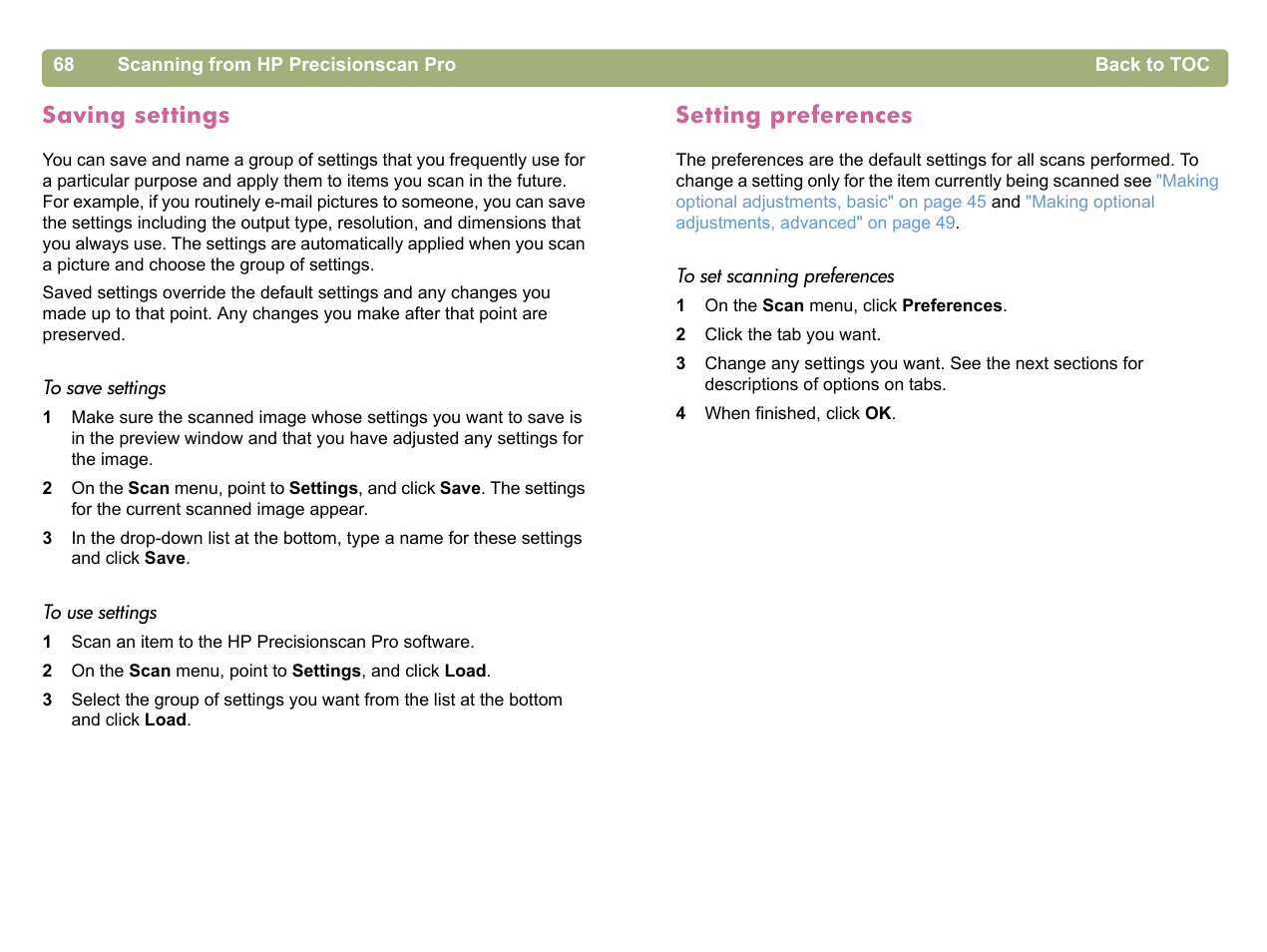 Saving settings, Setting preferences, When you select them. (see | HP 5400c Series User Manual | Page 68 / 140