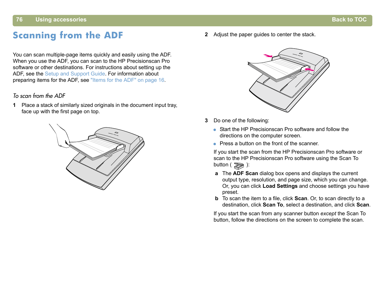 Scanning from the adf, Scanning from the adf" on | HP 5400c Series User Manual | Page 76 / 140