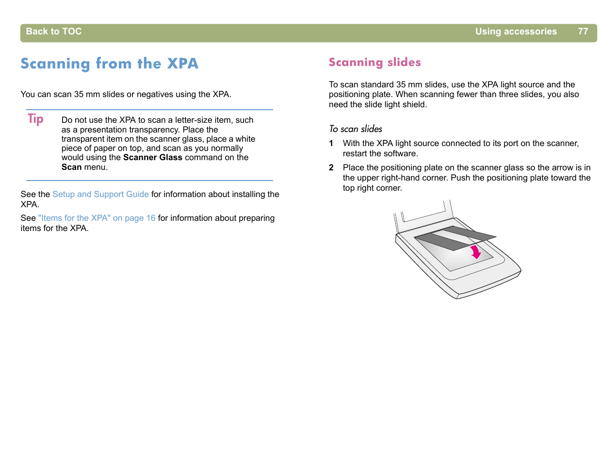 Scanning from the xpa, Scanning slides, Scanning from the xpa" on | HP 5400c Series User Manual | Page 77 / 140
