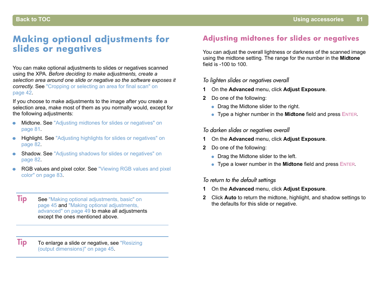 Adjusting midtones for slides or negatives, Making optional adjustments for | HP 5400c Series User Manual | Page 81 / 140