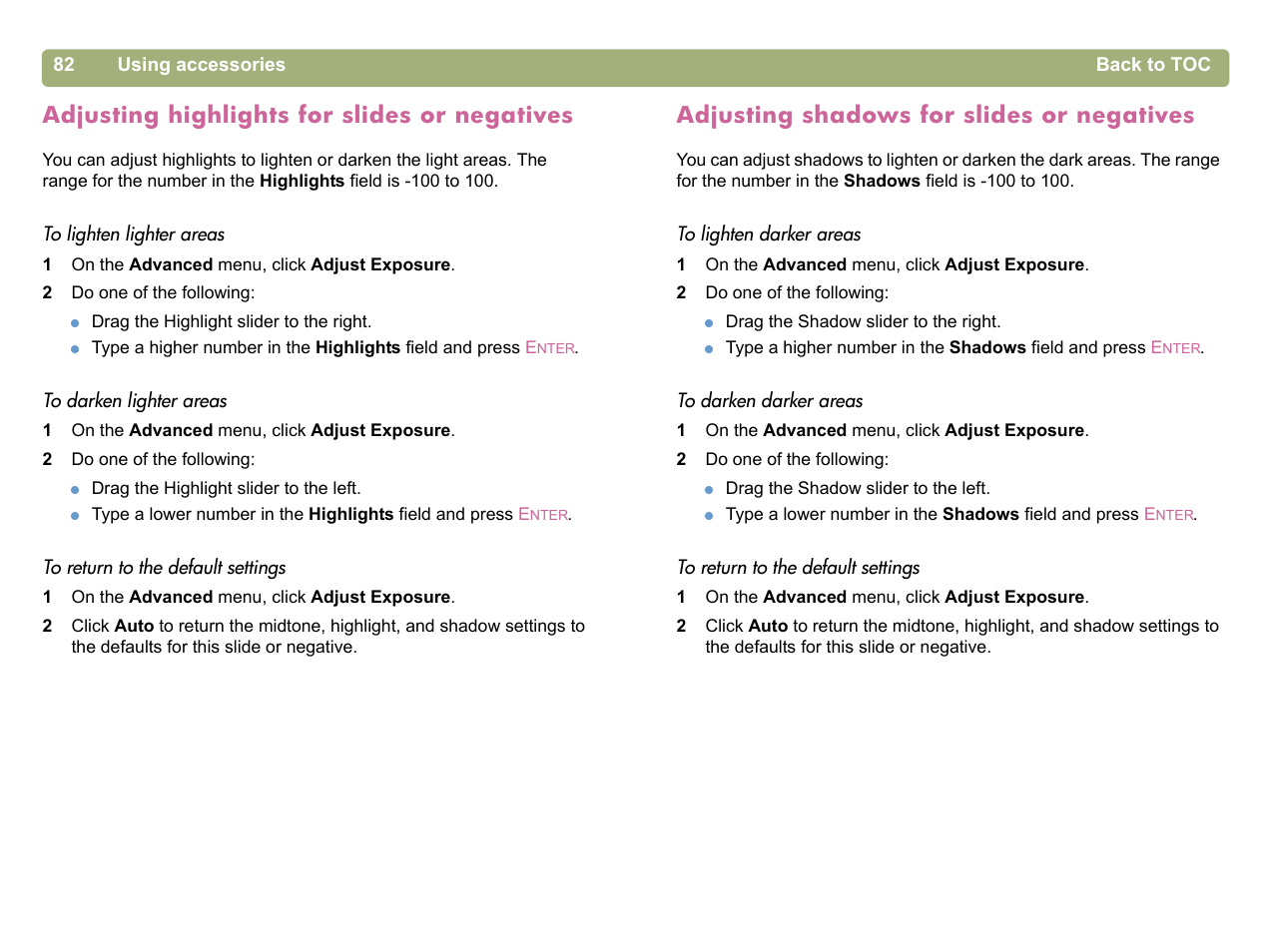Adjusting highlights for slides or negatives, Adjusting shadows for slides or negatives, Adjusting highlights for slides or negatives" on | Adjusting shadows for slides or negatives" on | HP 5400c Series User Manual | Page 82 / 140