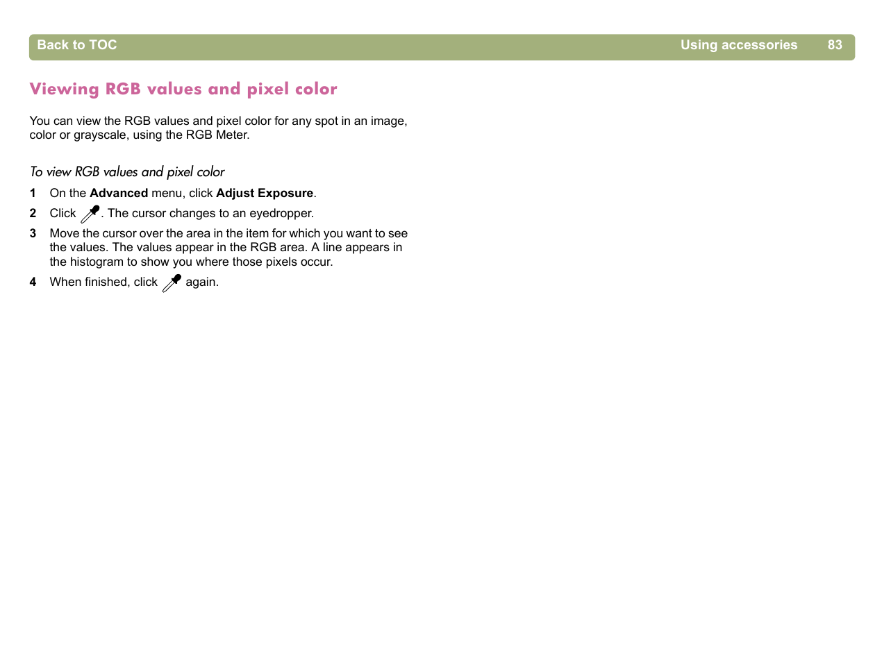 Viewing rgb values and pixel color, Viewing rgb values and pixel | HP 5400c Series User Manual | Page 83 / 140