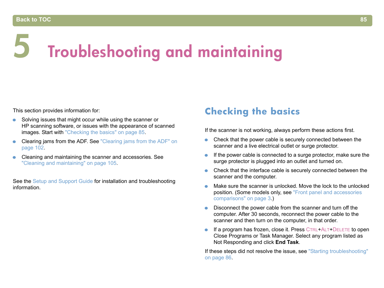 Troubleshooting and maintaining, Checking the basics, 5 troubleshooting and maintaining | HP 5400c Series User Manual | Page 85 / 140