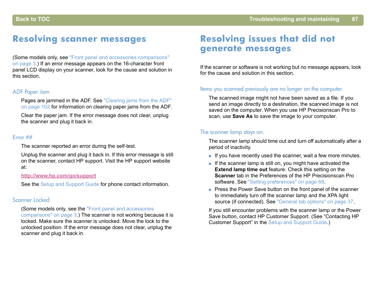 Resolving scanner messages, Resolving issues that did not generate messages, Se see | Resolving issues, Resolving issues that did not | HP 5400c Series User Manual | Page 87 / 140
