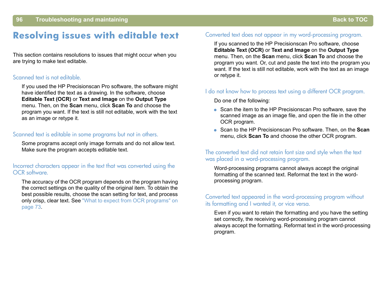 Resolving issues with editable text, Resolving issues with | HP 5400c Series User Manual | Page 96 / 140