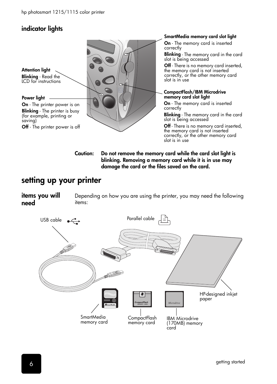 Indicator lights, Setting up your printer, Items you will need | HP 1115 User Manual | Page 10 / 48
