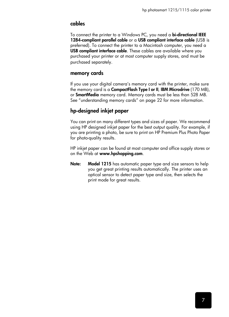 Cables, Hp-designed inkjet paper | HP 1115 User Manual | Page 11 / 48