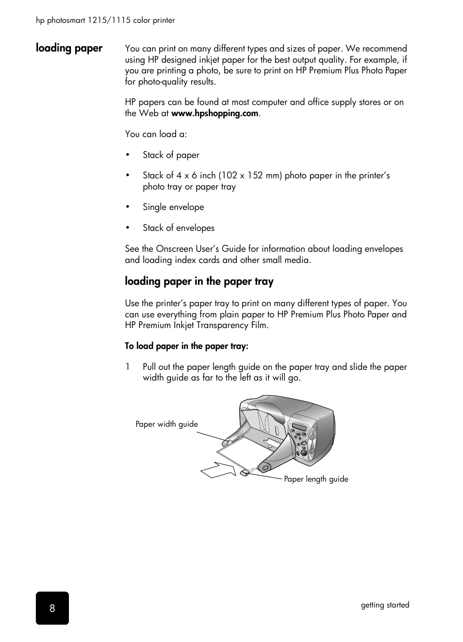 Loading paper, Loading paper in the paper tray | HP 1115 User Manual | Page 12 / 48