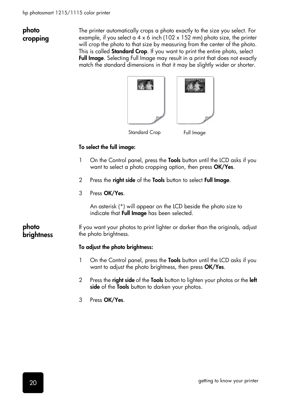 Photo cropping photo brightness, Photo cropping, Photo brightness | HP 1115 User Manual | Page 24 / 48