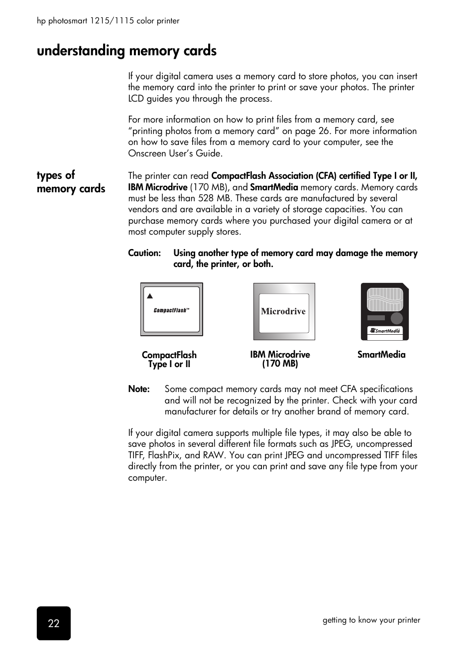 Understanding memory cards, Types of memory cards | HP 1115 User Manual | Page 26 / 48