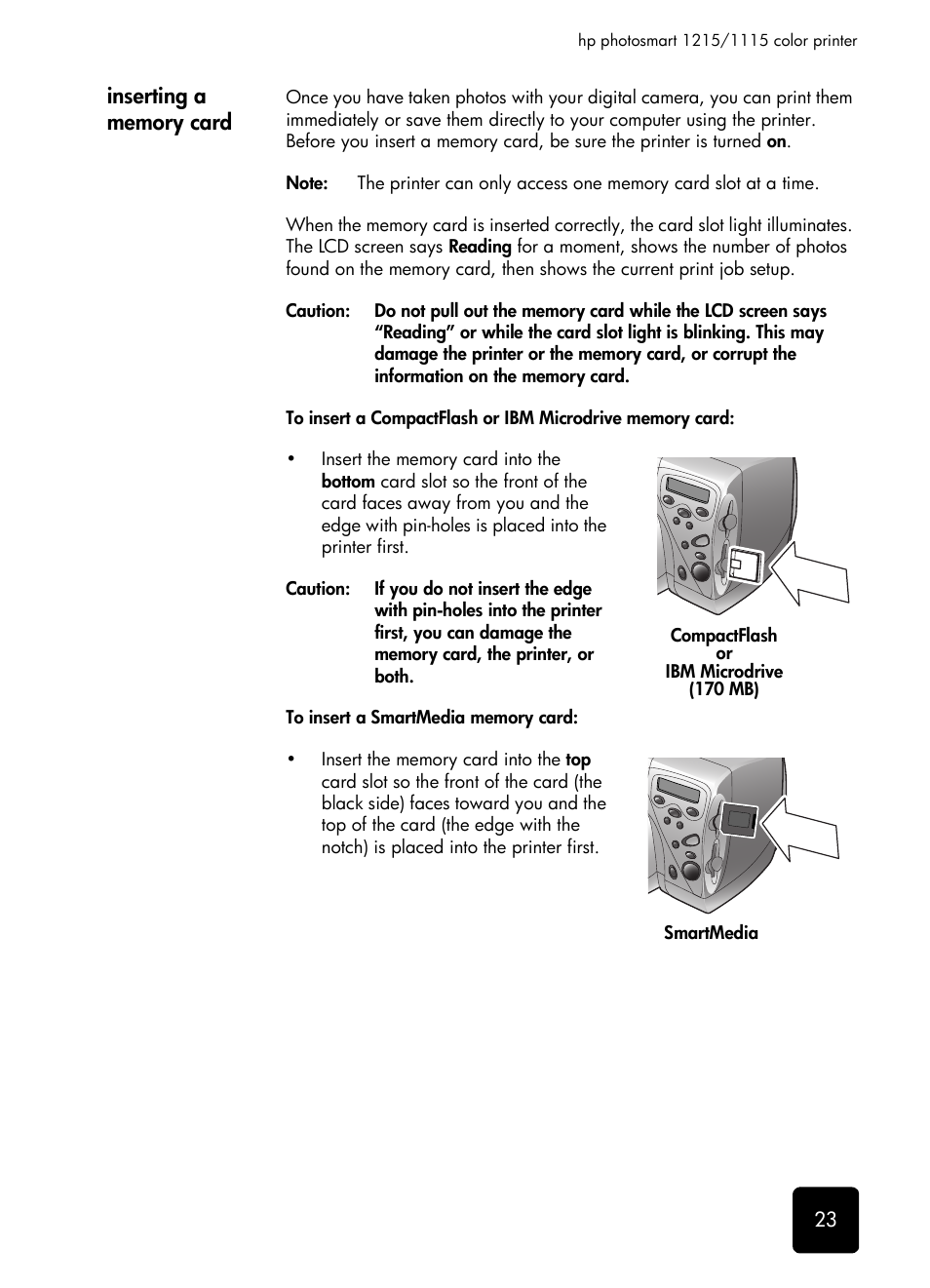 Inserting a memory card | HP 1115 User Manual | Page 27 / 48