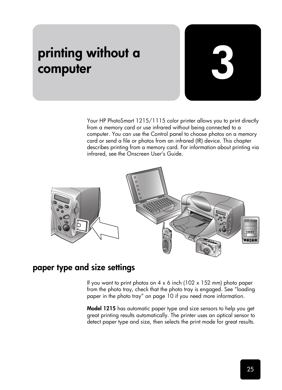 Chapter 3 printing without a computer, Paper type and size settings, Printing without a computer | HP 1115 User Manual | Page 29 / 48