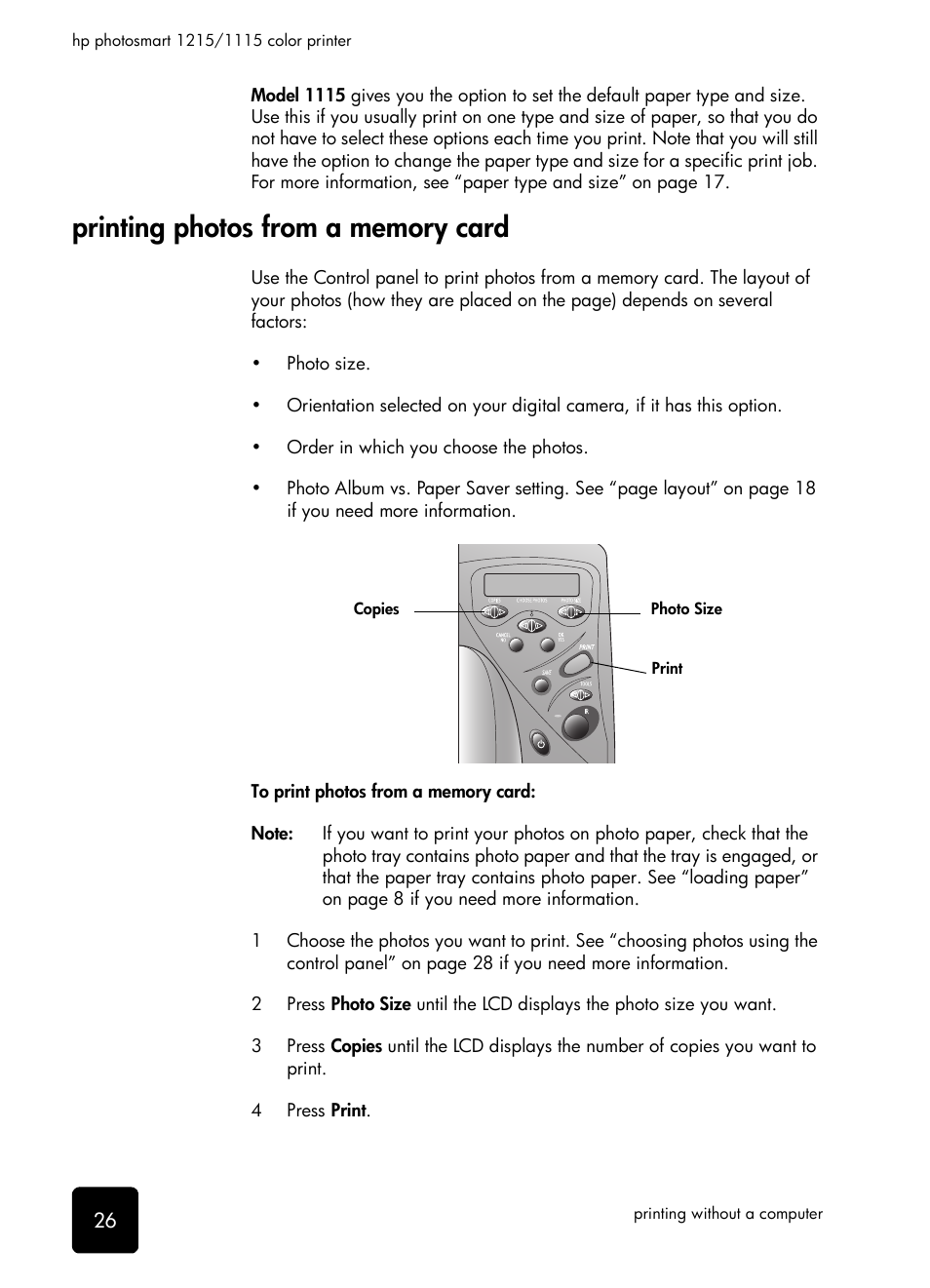 Printing photos from a memory card | HP 1115 User Manual | Page 30 / 48