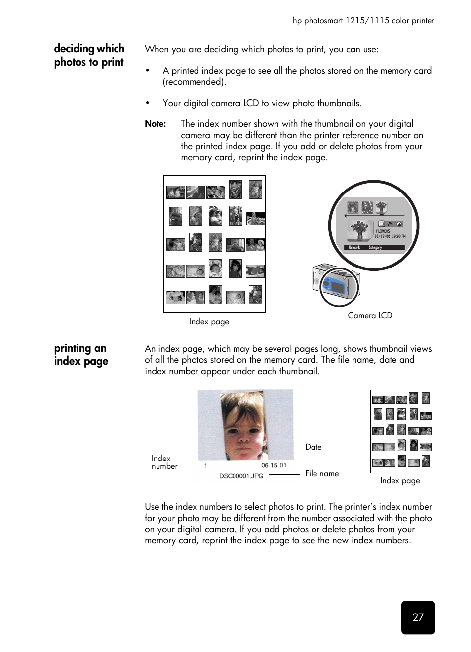 Deciding which photos to print, Printing an index page | HP 1115 User Manual | Page 31 / 48