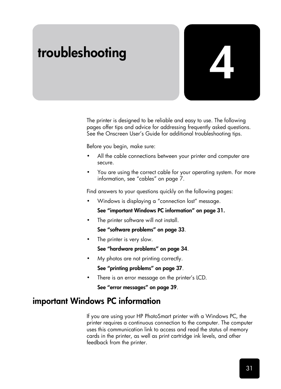 Chapter 4 troubleshooting, Important windows pc information, Troubleshooting | HP 1115 User Manual | Page 35 / 48