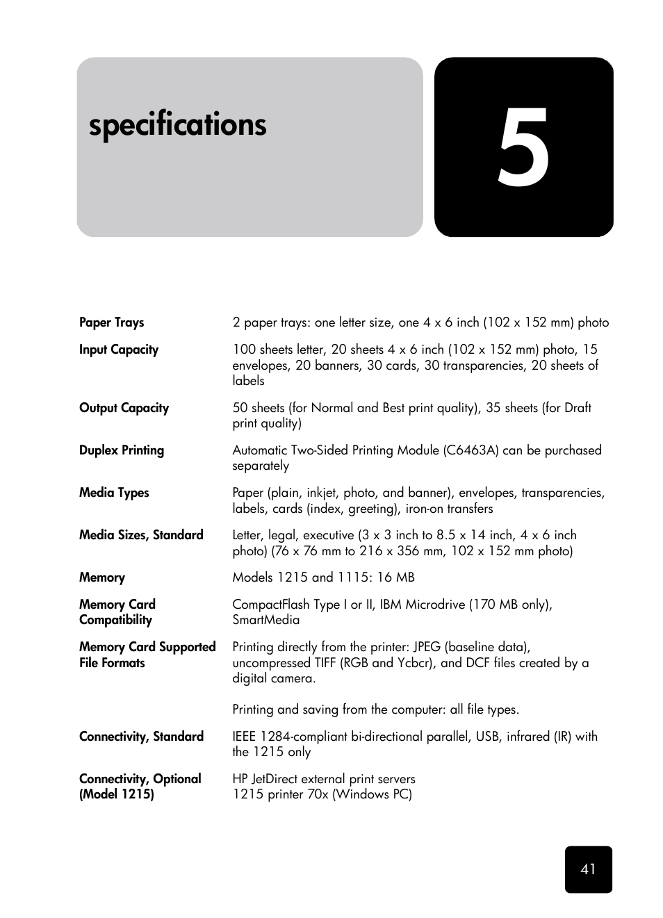 Chapter 5 specifications, Specifications | HP 1115 User Manual | Page 45 / 48