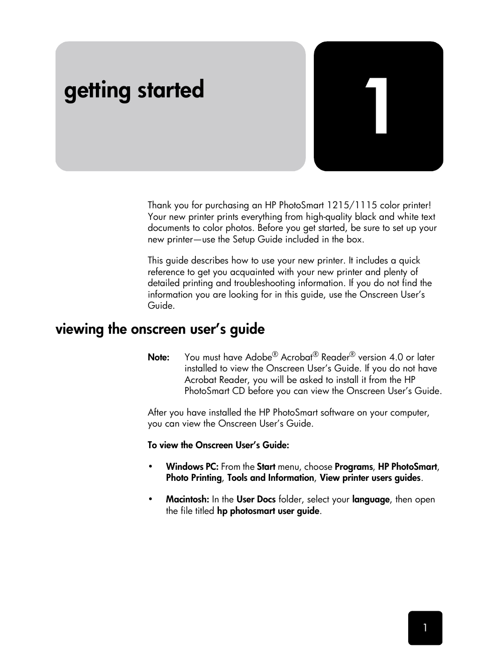 Getting started, Viewing the onscreen user’s guide | HP 1115 User Manual | Page 5 / 48