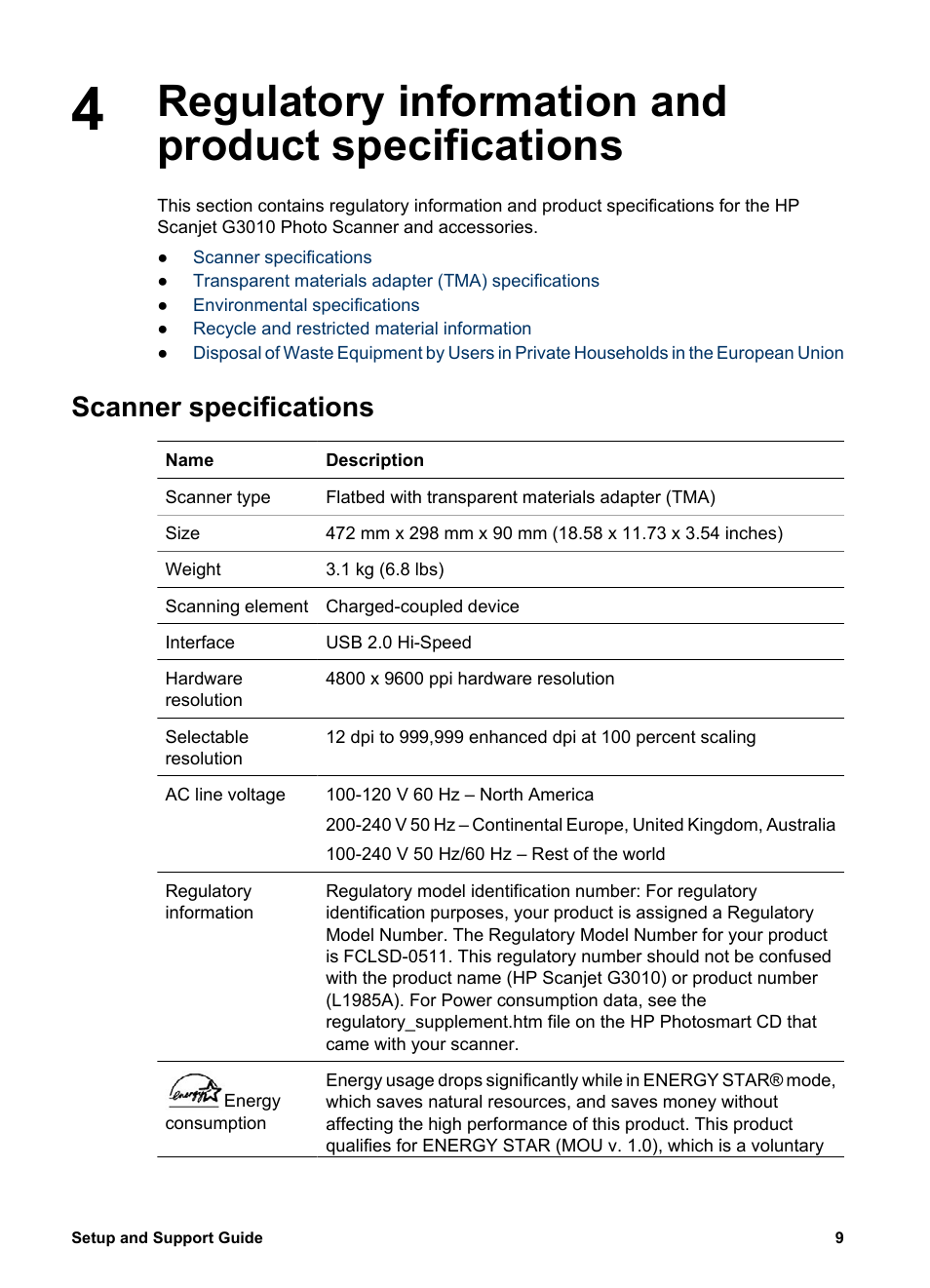 Regulatory information and product specifications, Scanner specifications | HP SCANJET G 3010 User Manual | Page 11 / 15