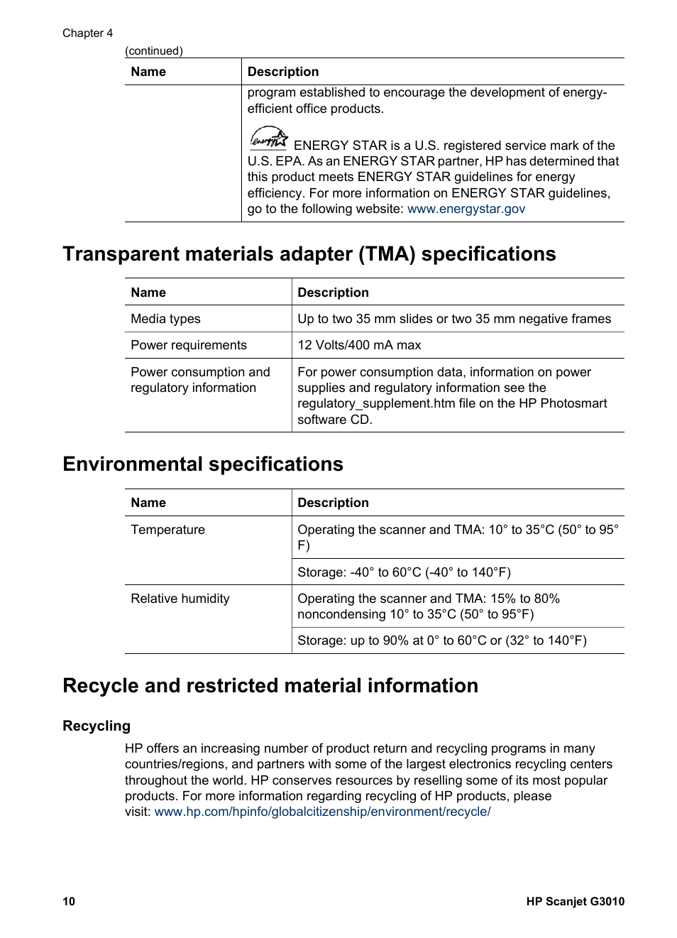 Transparent materials adapter (tma) specifications, Environmental specifications, Recycle and restricted material information | HP SCANJET G 3010 User Manual | Page 12 / 15