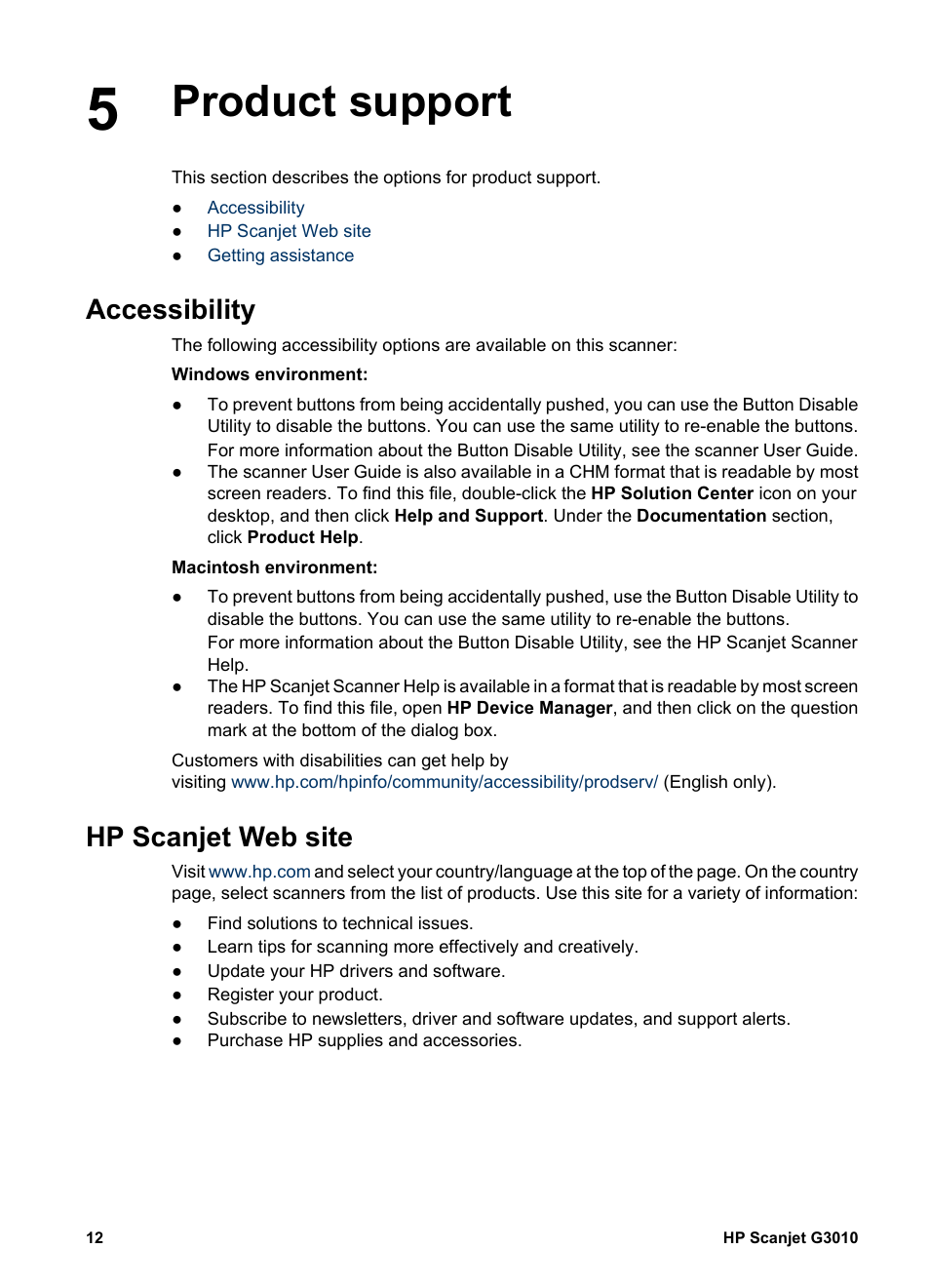 Product support, Accessibility, Hp scanjet web site | Product support accessibility hp scanjet web site | HP SCANJET G 3010 User Manual | Page 14 / 15