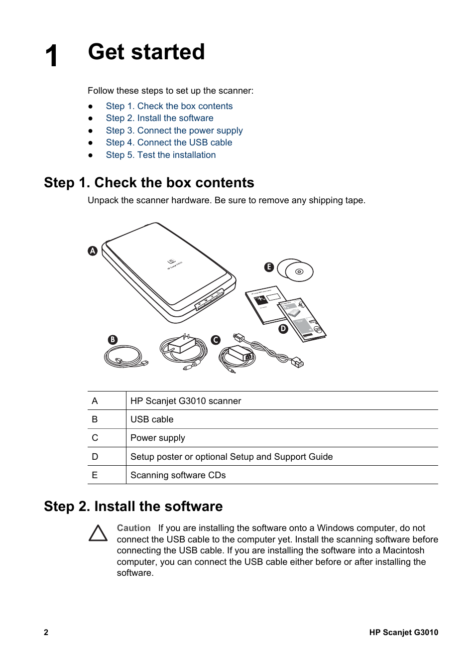 Get started, Step 1. check the box contents, Step 2. install the software | HP SCANJET G 3010 User Manual | Page 4 / 15