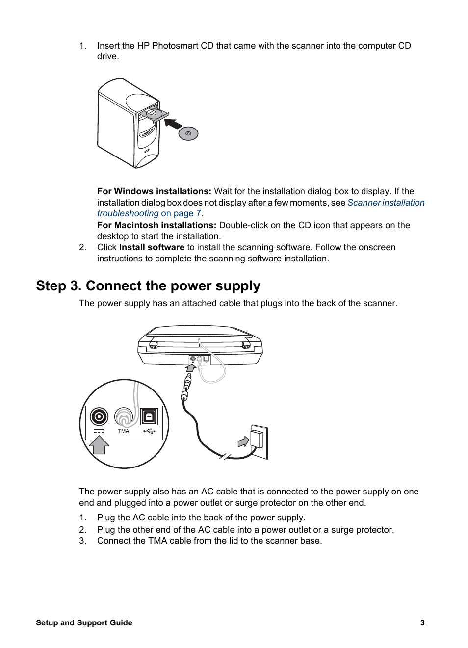 Step 3. connect the power supply | HP SCANJET G 3010 User Manual | Page 5 / 15