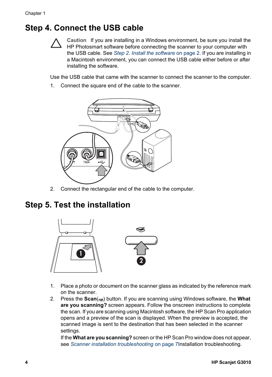 Step 4. connect the usb cable, Step 5. test the installation | HP SCANJET G 3010 User Manual | Page 6 / 15
