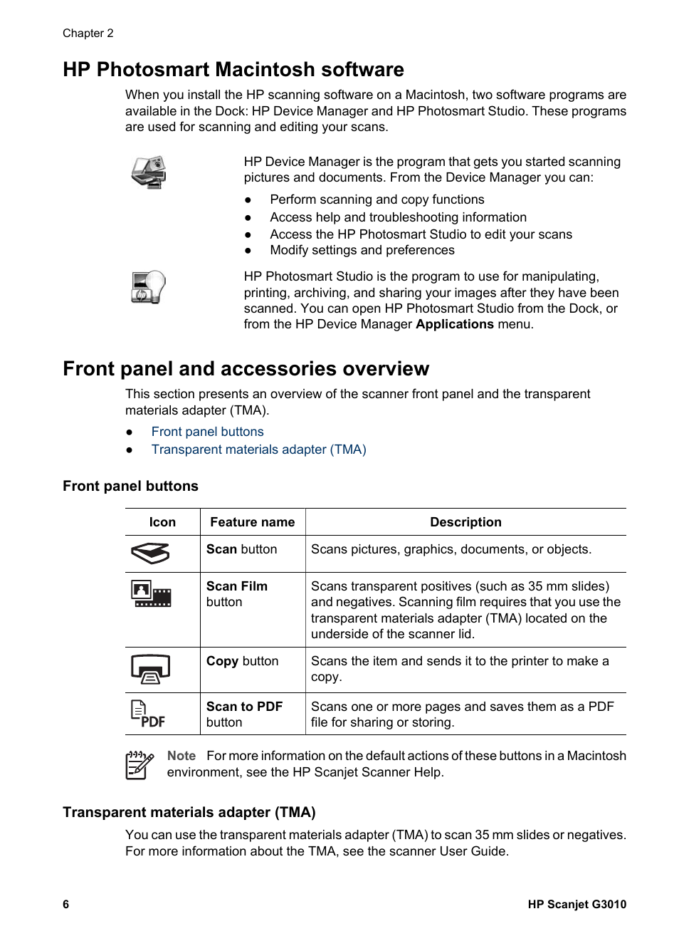 Hp photosmart macintosh software, Front panel and accessories overview, Front panel buttons | Transparent materials adapter (tma) | HP SCANJET G 3010 User Manual | Page 8 / 15