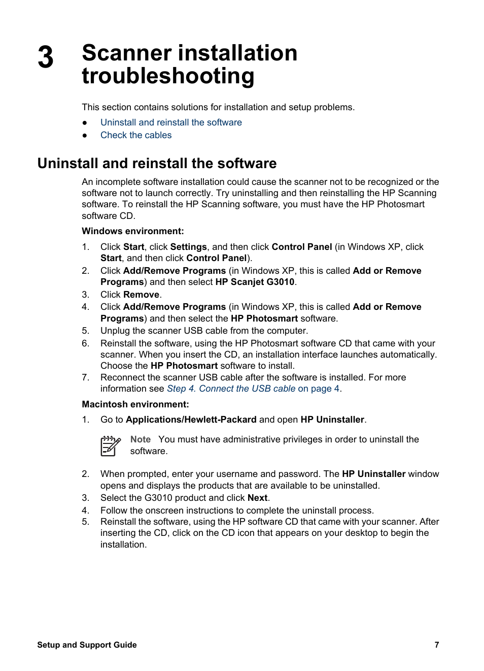 Scanner installation troubleshooting, Uninstall and reinstall the software | HP SCANJET G 3010 User Manual | Page 9 / 15