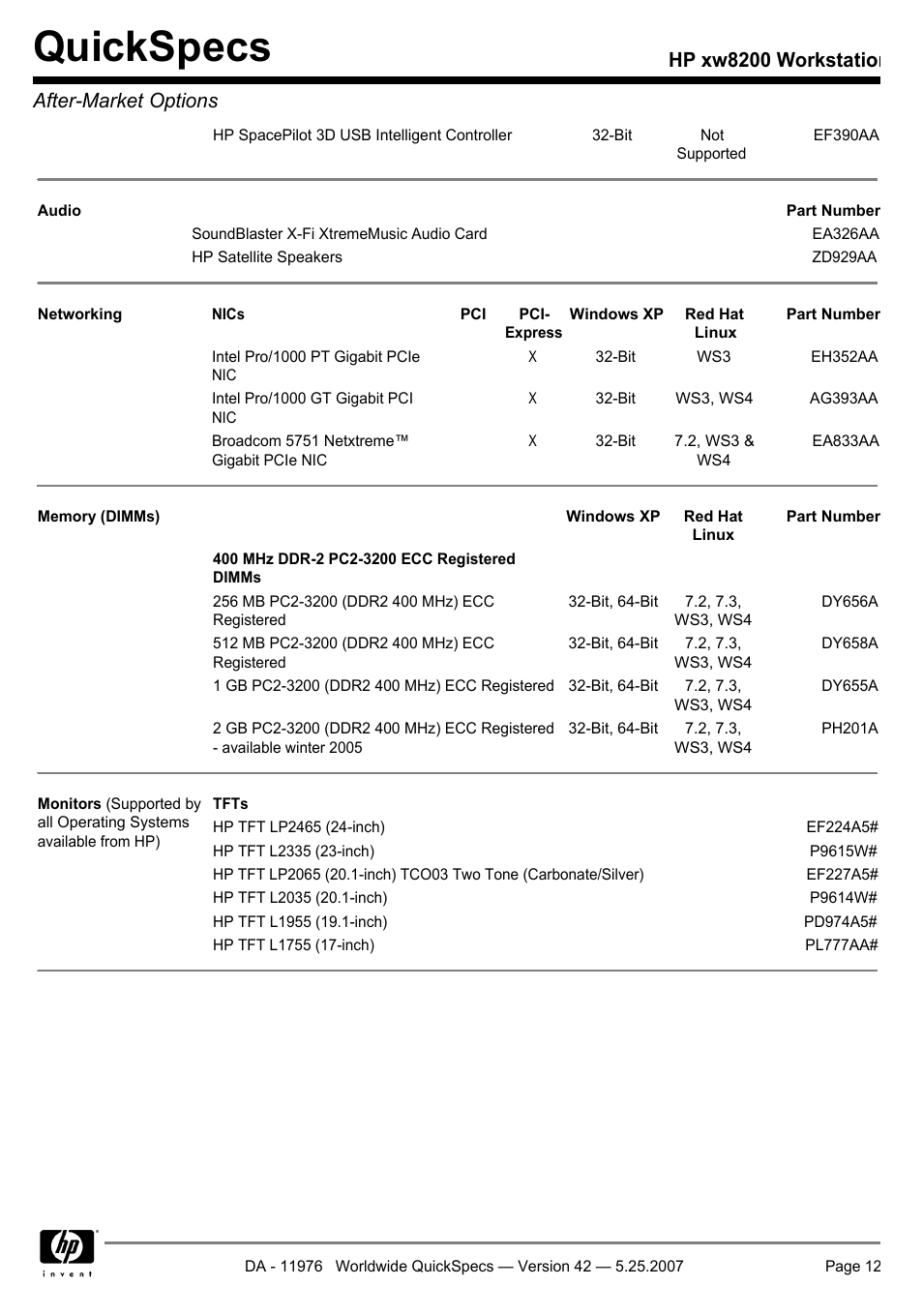 Quickspecs, Hp xw8200 workstation after-market options | HP xw8200 User Manual | Page 12 / 76