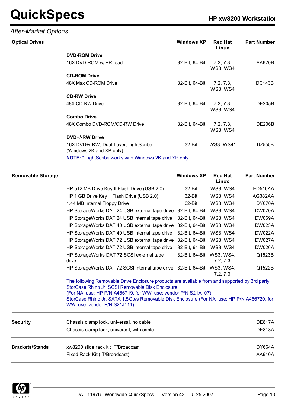 Quickspecs, Hp xw8200 workstation after-market options | HP xw8200 User Manual | Page 13 / 76