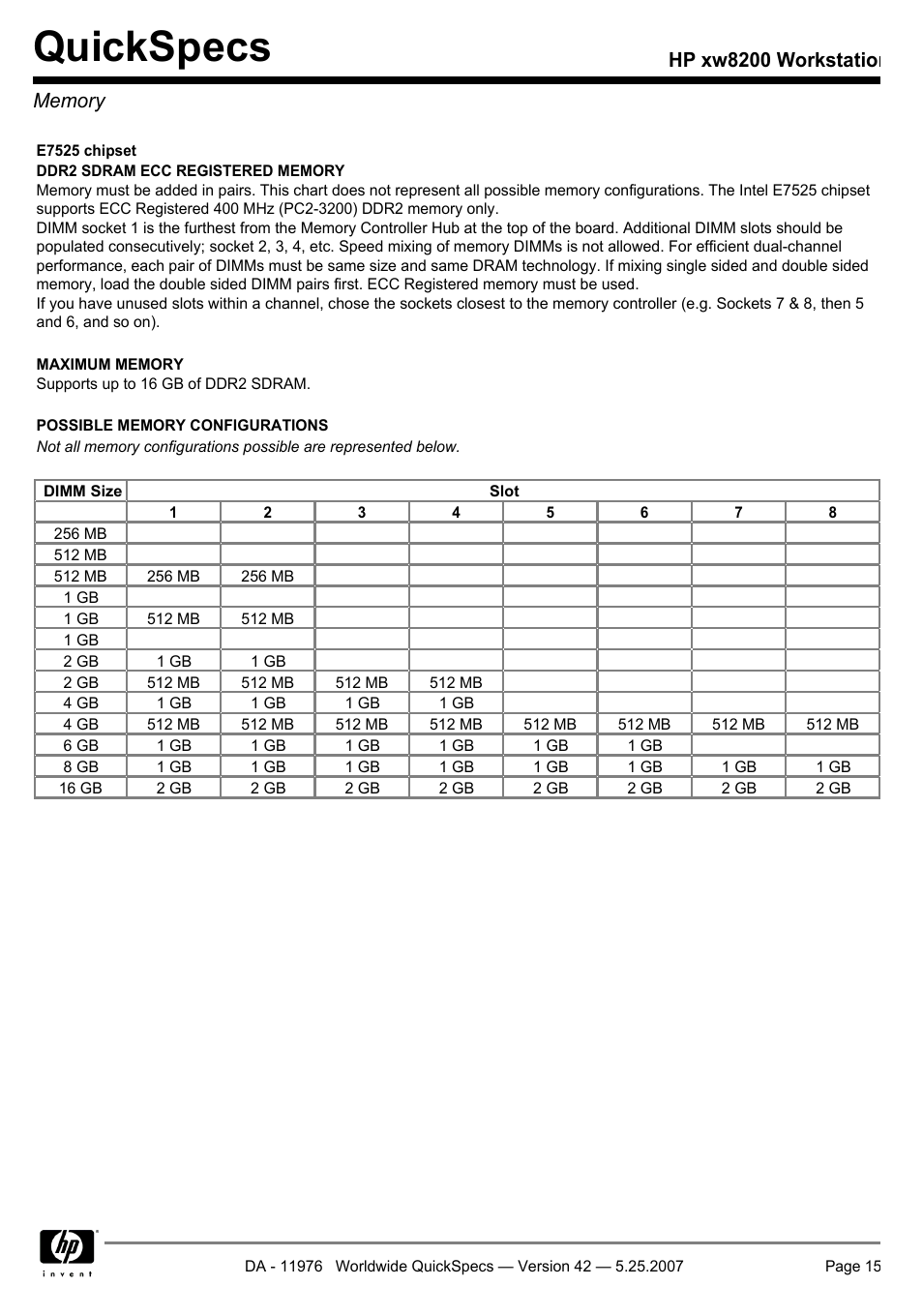 Memory, Quickspecs | HP xw8200 User Manual | Page 15 / 76