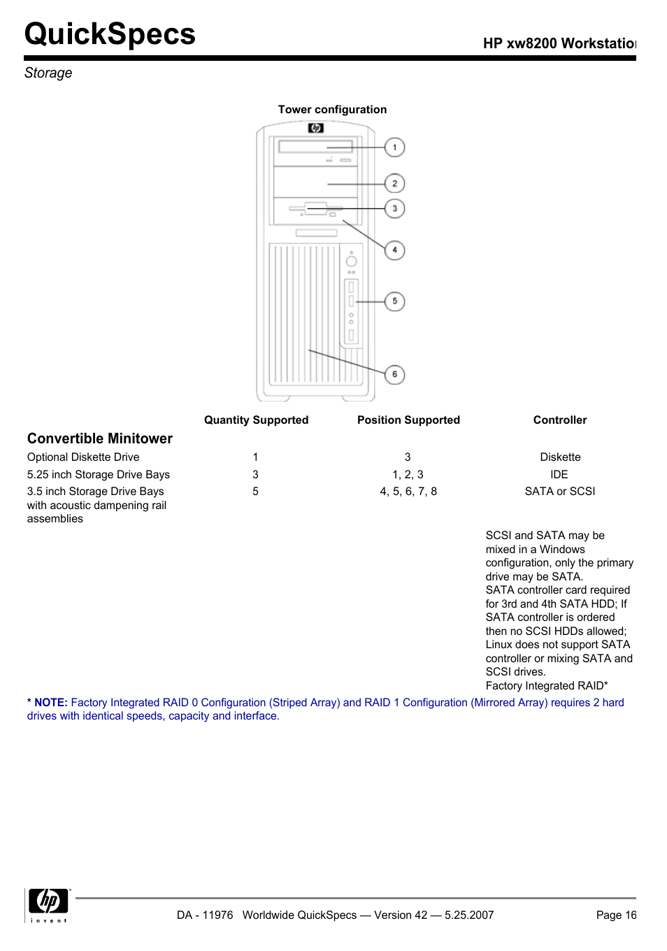 Storage, Quickspecs, Convertible minitower | Hp xw8200 workstation storage | HP xw8200 User Manual | Page 16 / 76