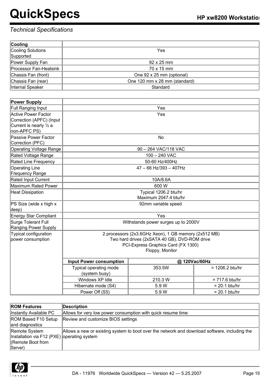 Technical specifications, Quickspecs, Hp xw8200 workstation technical specifications | HP xw8200 User Manual | Page 19 / 76